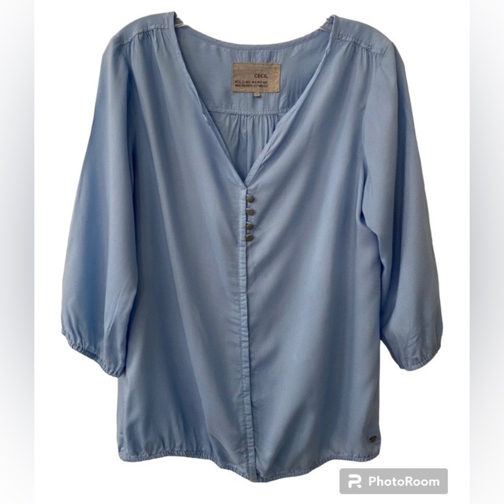 Cecil Light Blue Long Sleeve V-Neck Button Detail Blouse Top Size Small